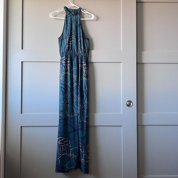 Everly Dress Womens Small Teal Floral Halter High Neck Maxi Lined Pockets DR7633 - Picture 1 of 12